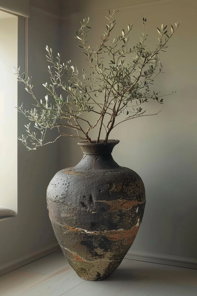 Textured ceramic vase on a floor with olive branches, in a softly lit room.