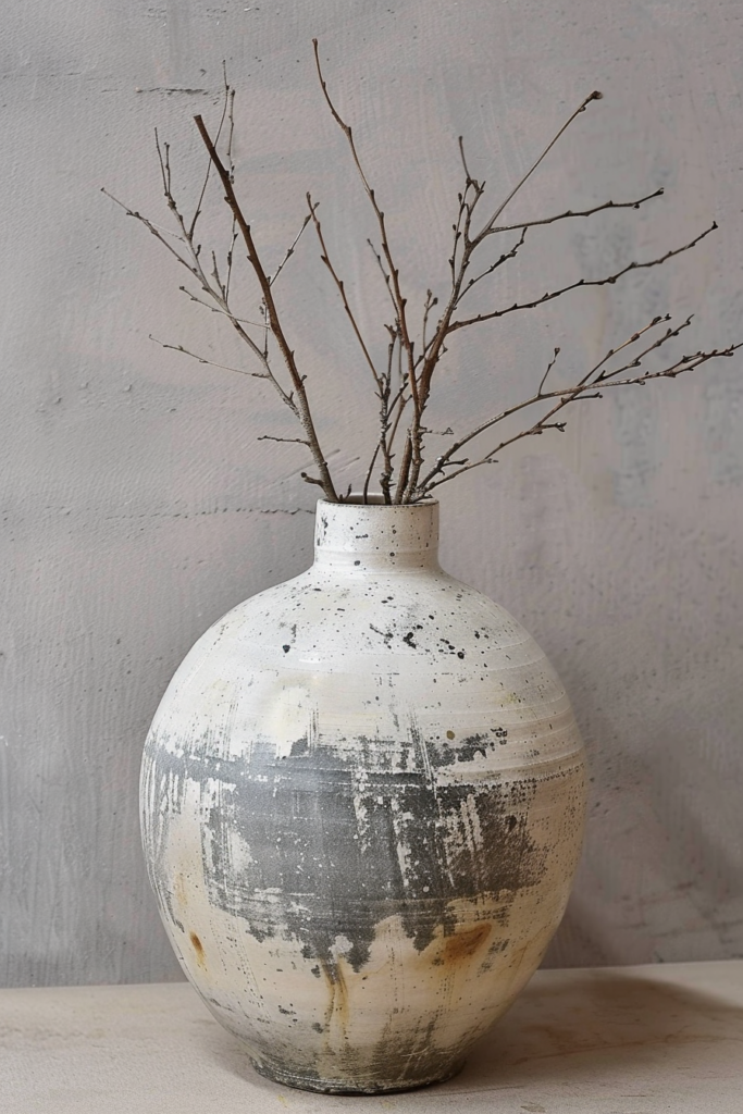 A distressed ceramic vase with dried twigs on a textured beige background.
