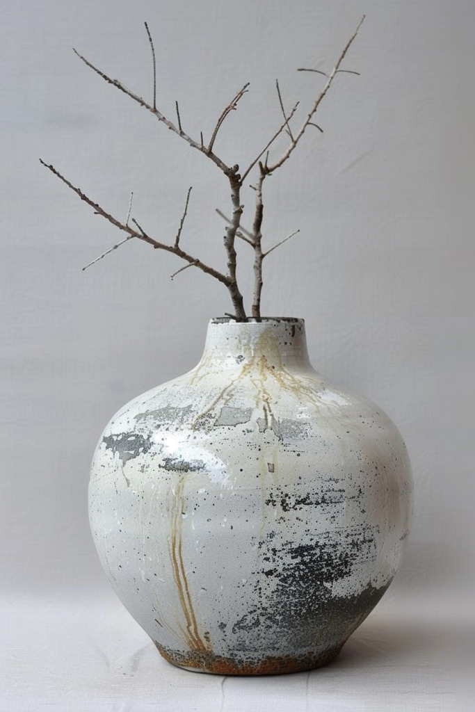 A rustic ceramic vase with an abstract black and white glaze, containing a few bare branches, against a neutral background.
