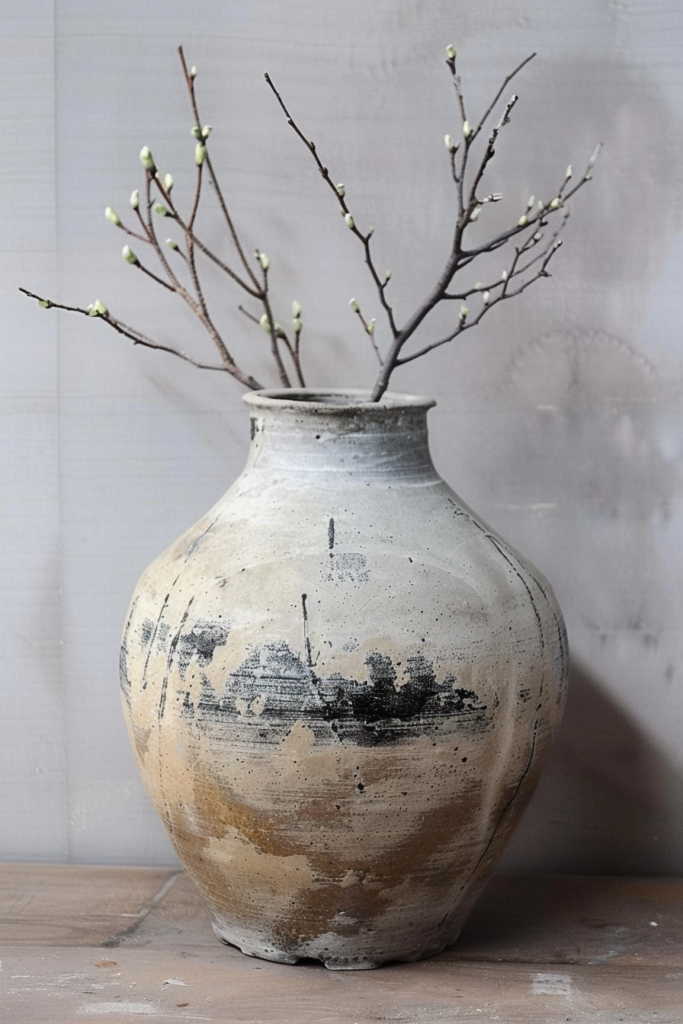 A rustic ceramic vase with abstract designs holds budding branches against a muted backdrop.
