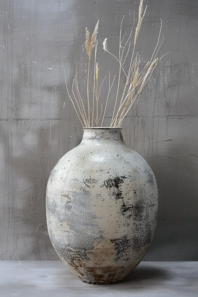Textured ceramic vase with dried grasses on a gray backdrop.