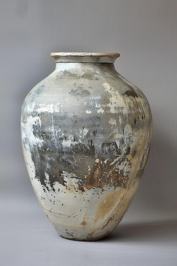 ALT: A large ceramic vase with a weathered texture featuring white, gray, and brown tones on a neutral background.