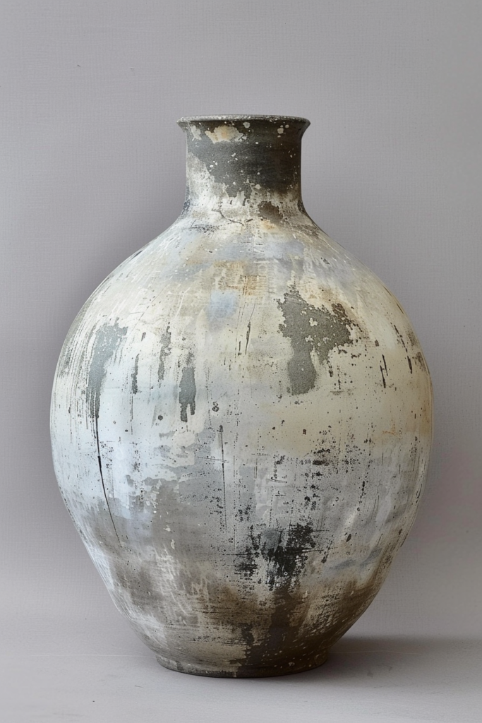 A distressed ceramic vase with a white and gray worn finish, displayed against a light gray background.