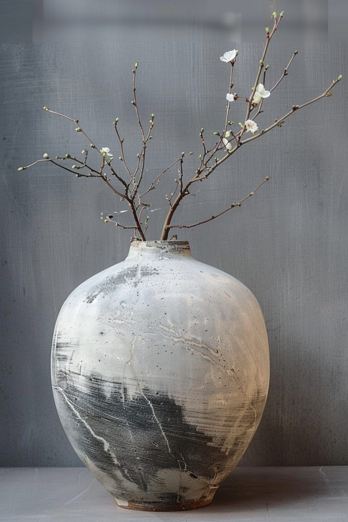 A large textured ceramic vase with sprouting branches and a few white blossoms, set against a grey backdrop.