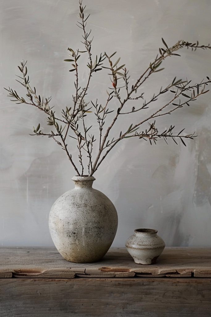 A rustic ceramic vase with branches on a wooden surface beside a small bowl, against a textured grey backdrop.