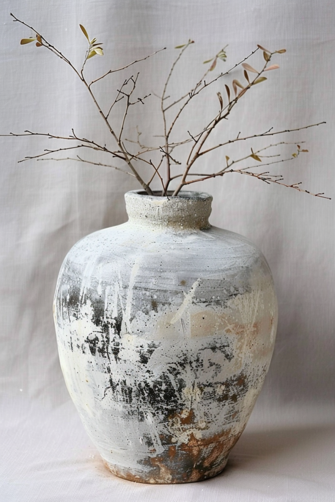 A rustic, speckled vase on a white background, containing sparse branches with a few small leaves.