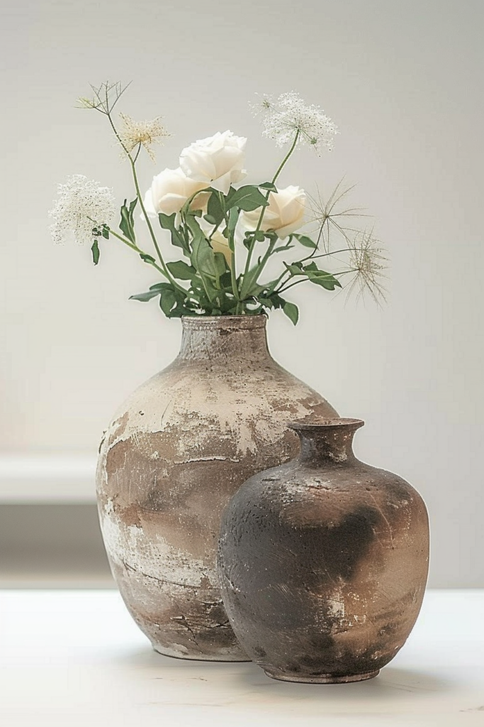 Two rustic ceramic vases on a shelf, one with white roses and baby's breath flowers.