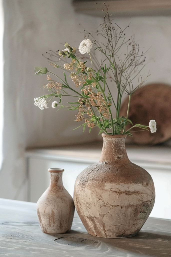 A rustic ceramic vase with dried wildflowers on a wooden table, accompanied by a smaller empty vase.