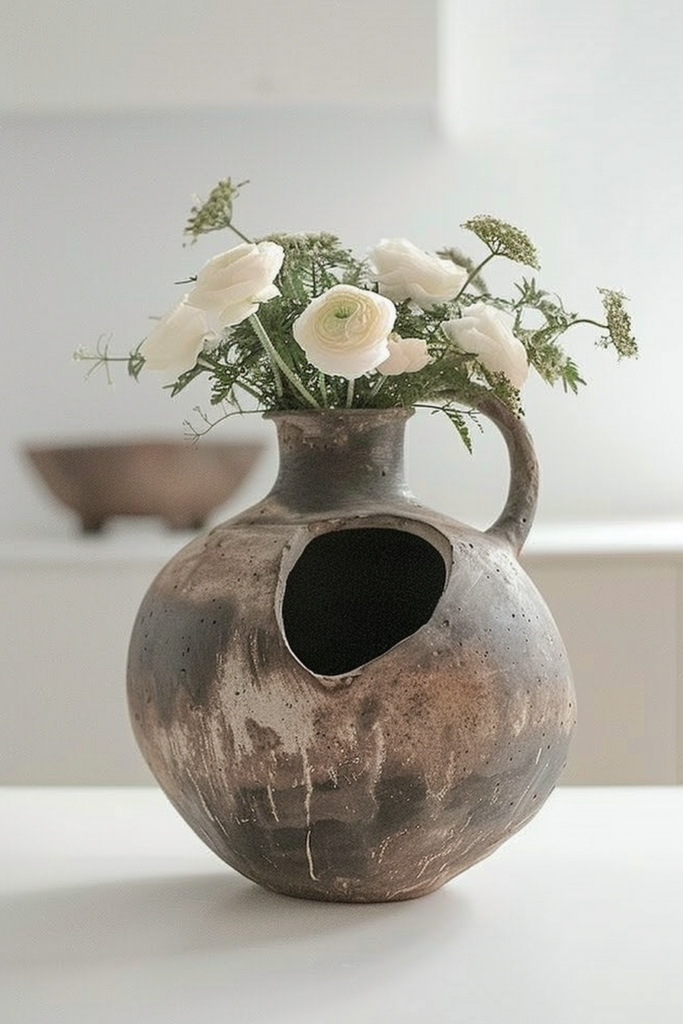 A rustic, weathered vase with a broken side holds a bouquet of white ranunculus flowers and greenery on a white table.