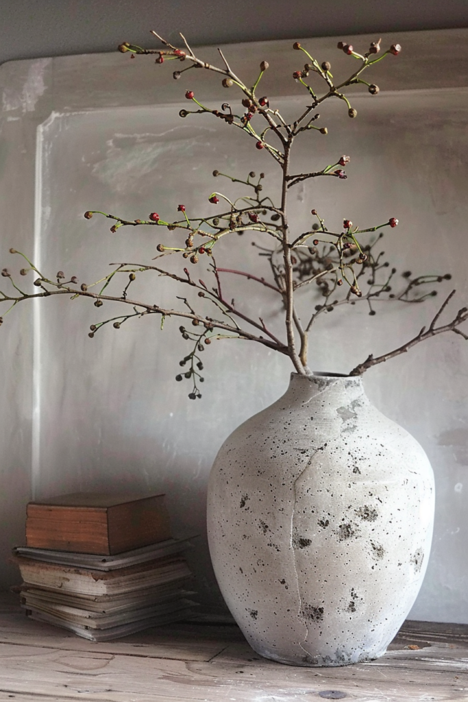 Branches with budding leaves in a textured vase beside old stacked books on a wooden surface.
