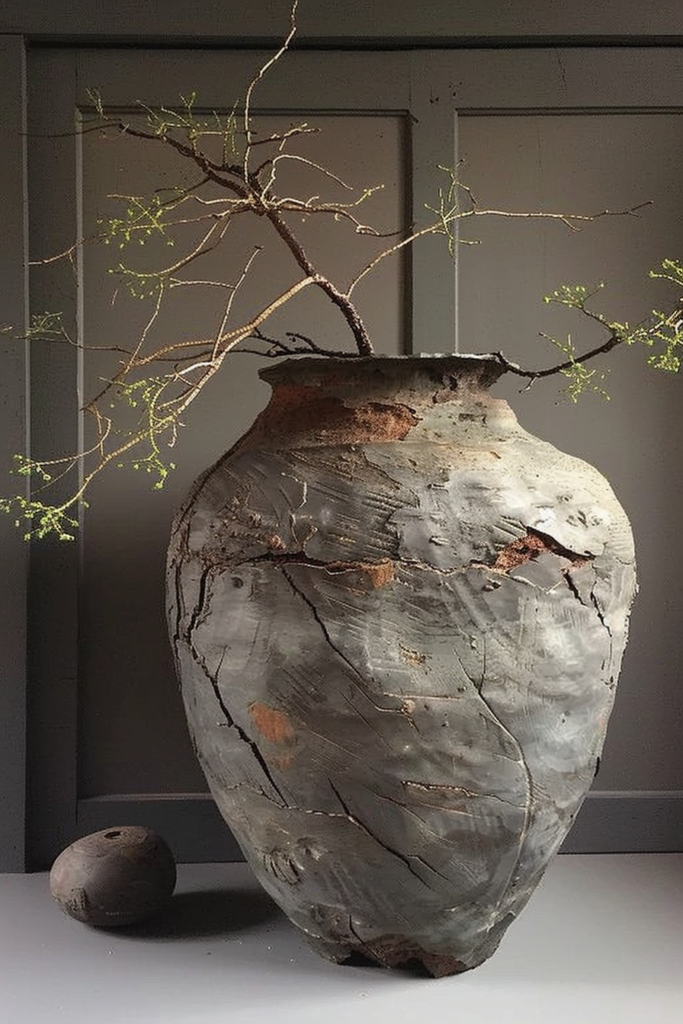 Rustic, weathered vase with emerging branches on a table against a grey background, accompanied by a small round object on the side.