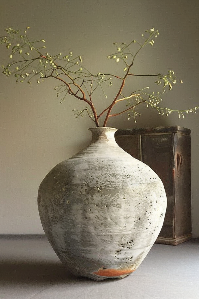 A textured ceramic vase with delicate branches and small buds on a tabletop, against a neutral background.