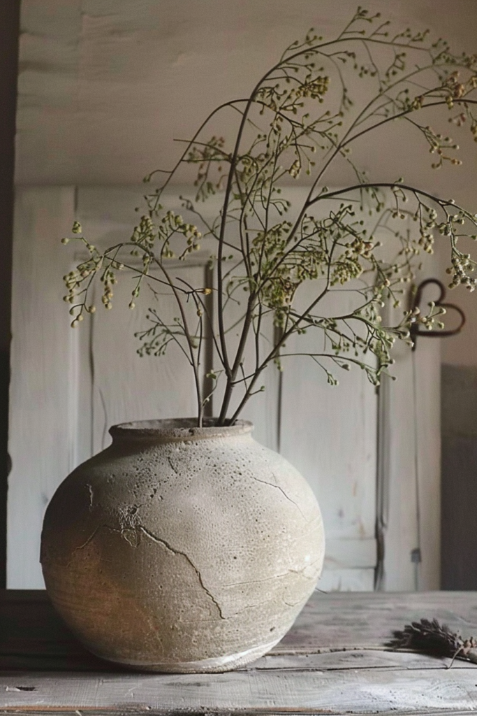 Rustic round vase with delicate branches on a wooden table, evoking a serene, vintage atmosphere.