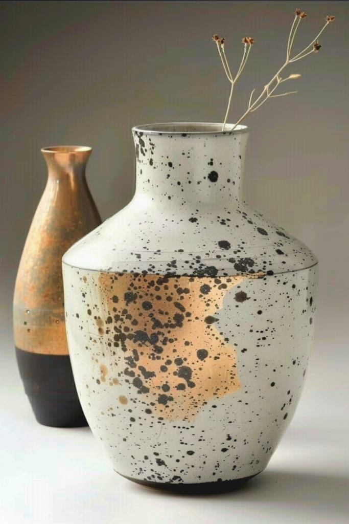 Two ceramic vases on display, one speckled with a tan pattern and tiny branches, and a second, bronze-colored vase behind it.