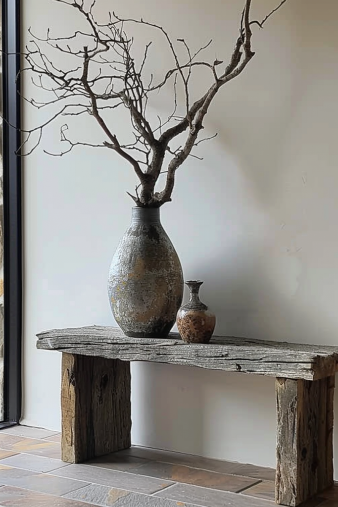 A rustic wooden bench with two ceramic vases, one large with a dry tree branch and one small, against a neutral wall.