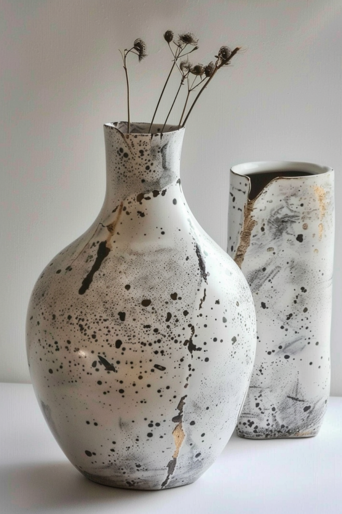 Two speckled ceramic vases against a light background; the larger one has dried plants sticking out of it.