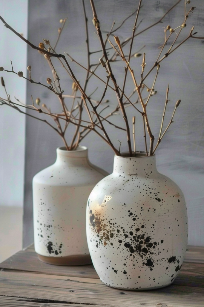 Two speckled ceramic vases with bare branches on a wooden surface against a soft grey background.