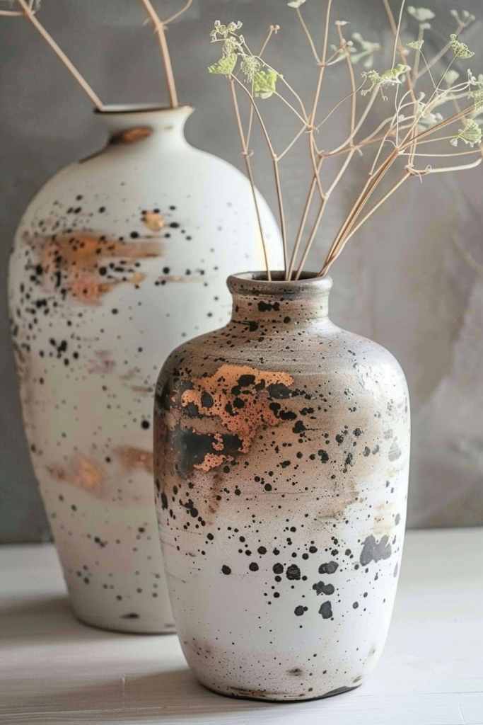 Two speckled ceramic vases on a table, one with dried stems, against a gray background.