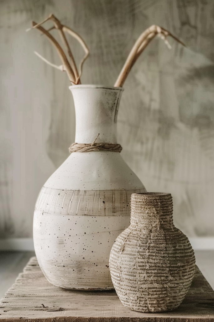 Two textured ceramic vases on a wooden surface, one tall with dried branches, the other small and rounded.