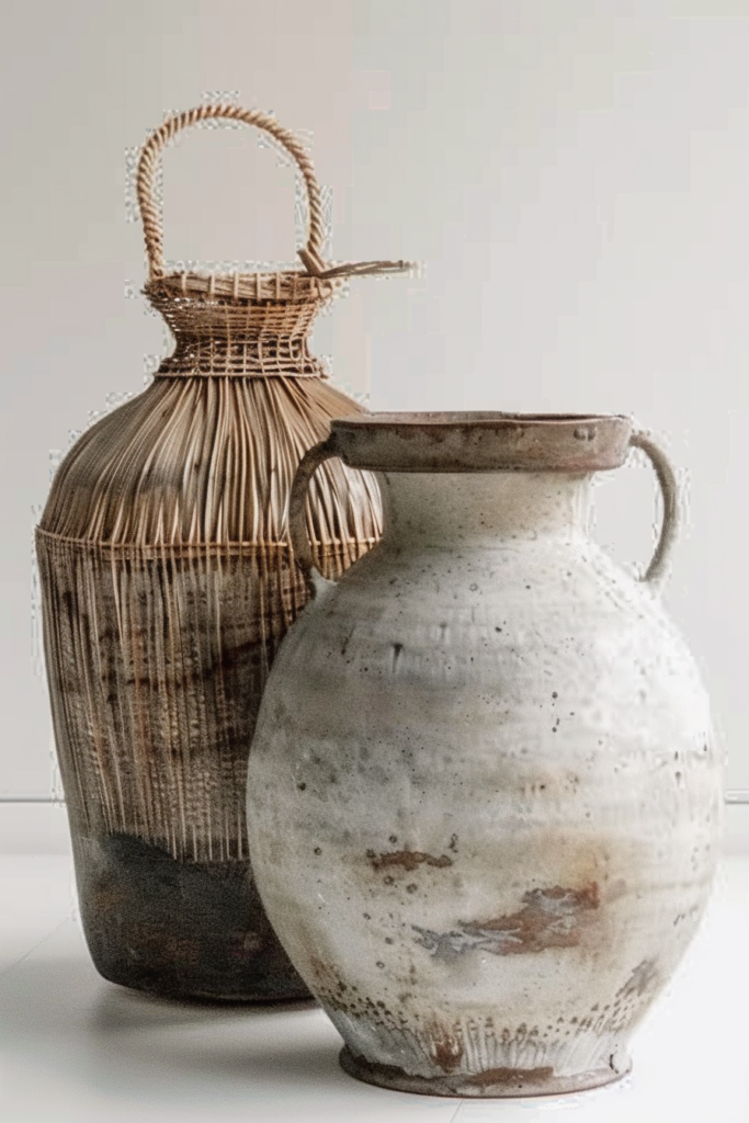 Two rustic vessels, one with wicker covering and handle on the left and a ceramic jug on the right, against a neutral background.