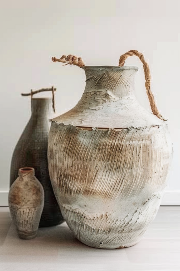 ALT: Three ceramic vases of varying sizes and textures against a neutral background.
