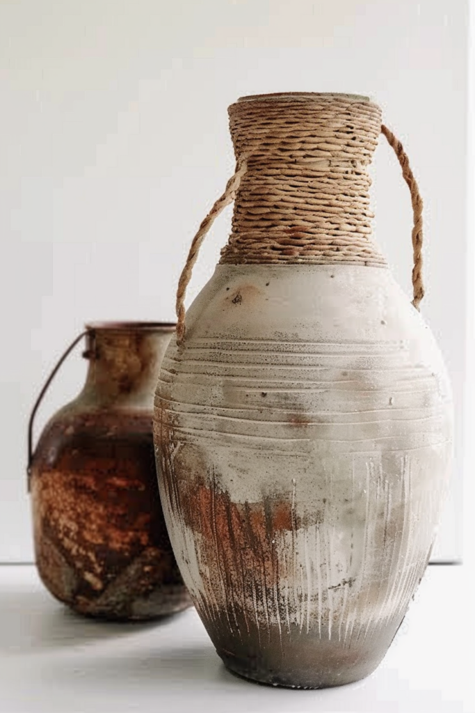 ALT text: "Two rustic vases on a plain background, the nearest with a textured rope detail around its neck and a handle."