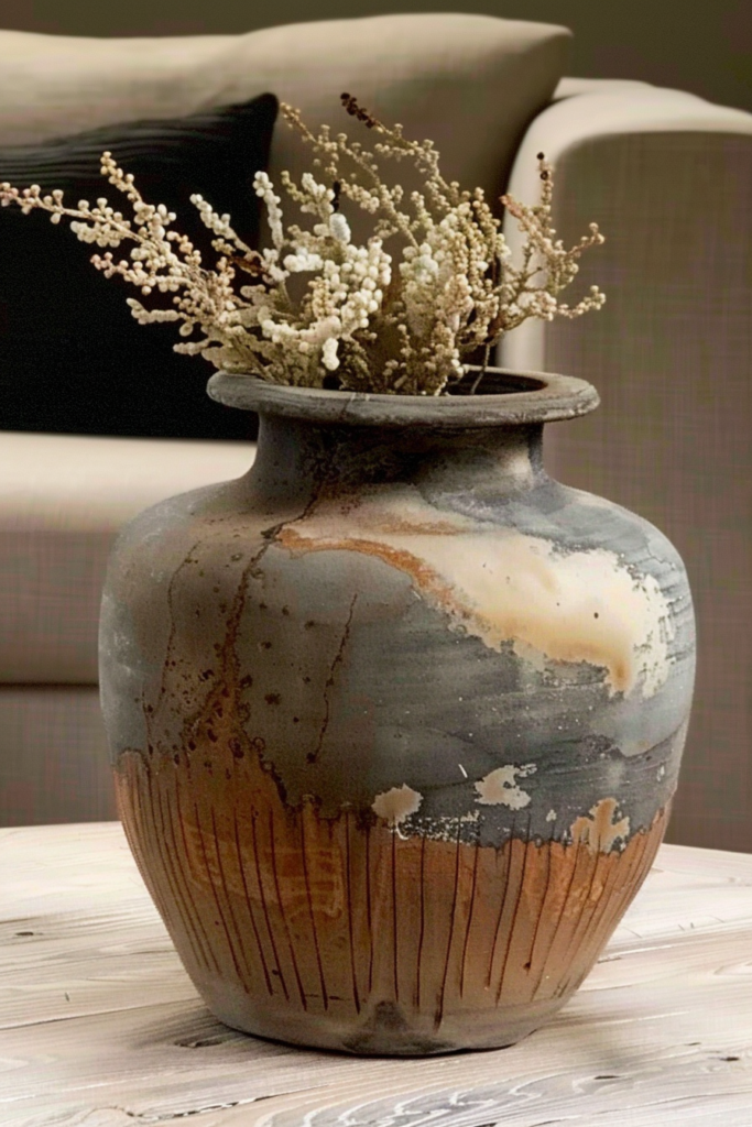 A textured ceramic vase with dried white flowers on a wooden table, with a soft-focused background of neutral-toned furniture.