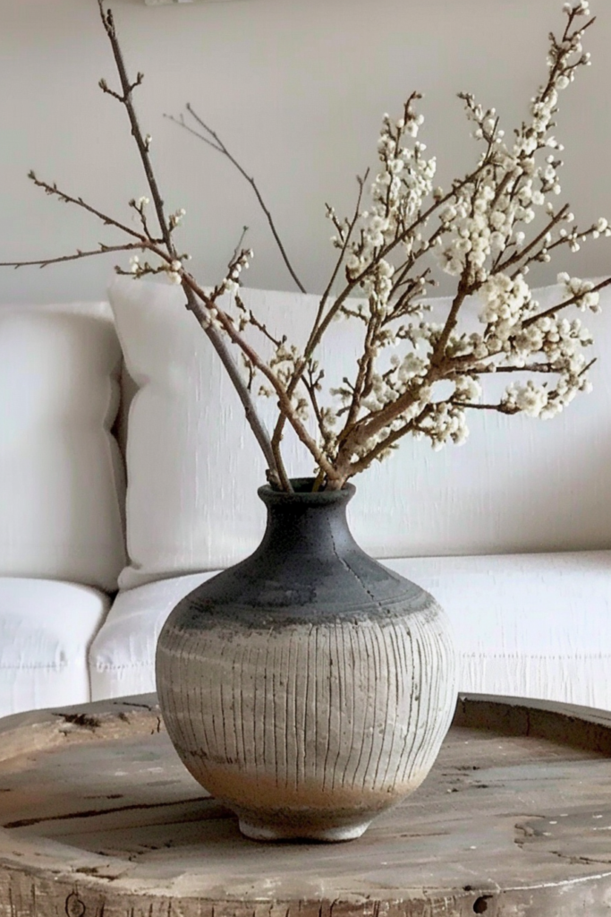 A textured ceramic vase with branches of white blossoms on a wooden table against a white sofa background.