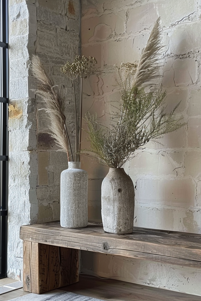 Two textured vases with dried plants on a rustic wooden bench against a distressed white brick wall.