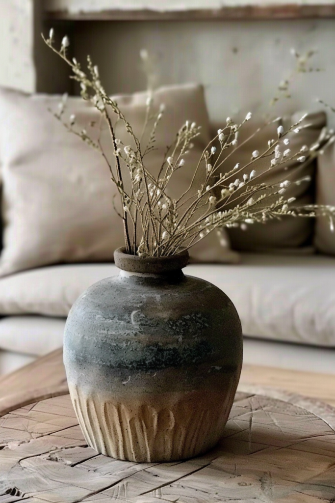 Rustic ceramic vase with dried flowers on a wooden table, with a soft-focus background of pillows and a couch.