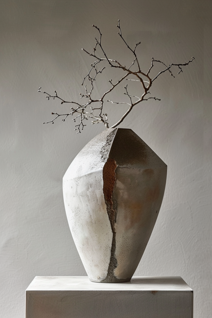 ALT: A textured, asymmetrical ceramic vase with a natural crack containing a dry branch, displayed on a white plinth against a neutral background.
