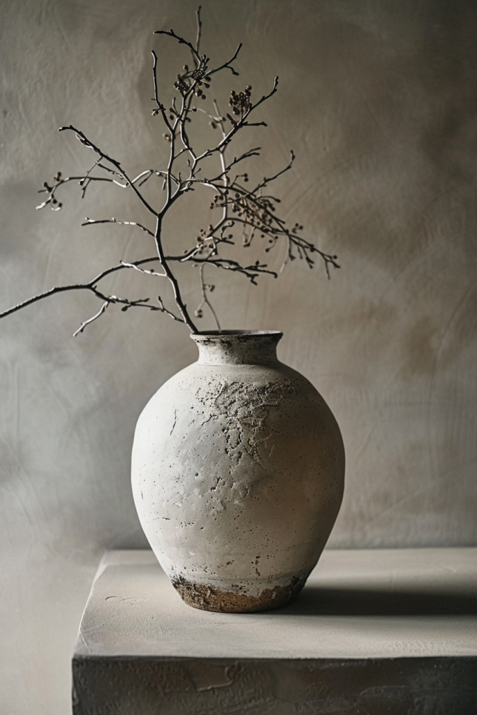 A textured ceramic vase with dried branches on a neutral-toned pedestal against a gray backdrop.