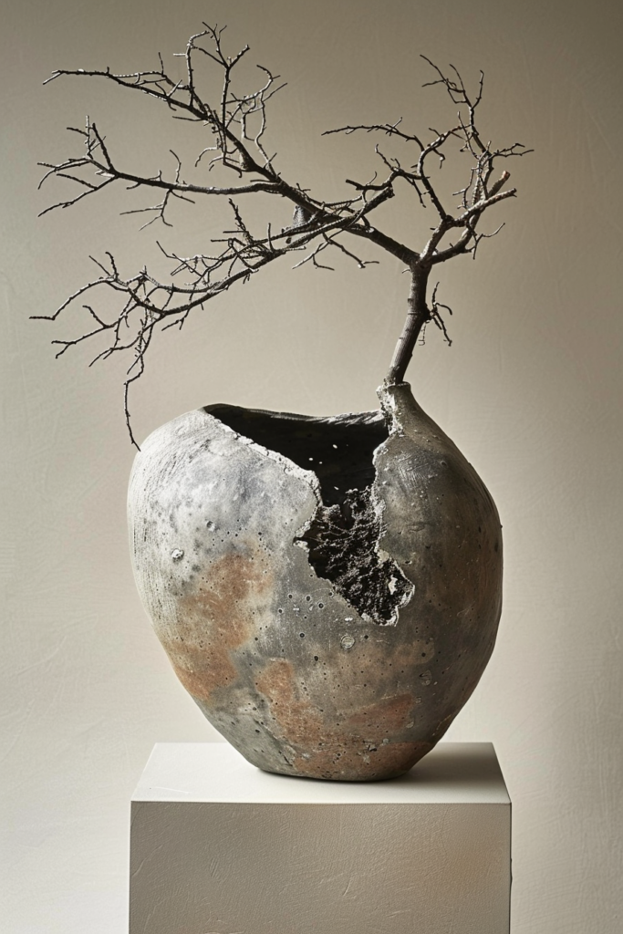 A leafless tree branch emerging from a textured, spherical vase with a large hole, displayed on a pedestal.