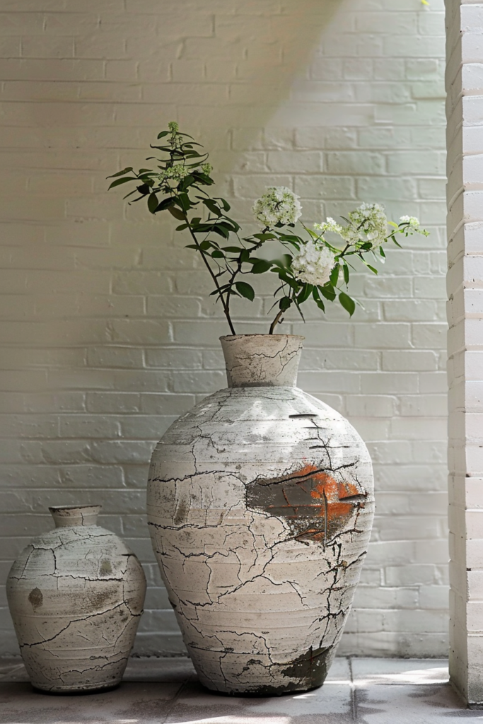 Two weathered ceramic vases against a white brick wall, one with a flowering plant, in a sunlit space.