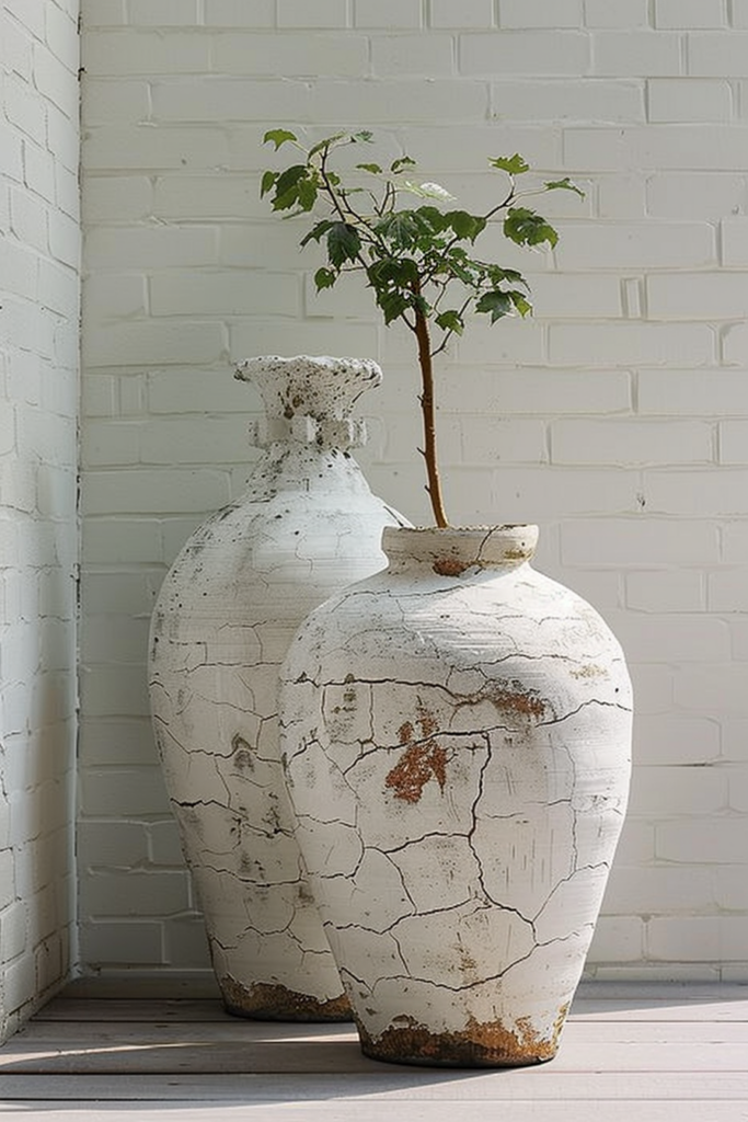 Two large, weathered white vases with cracked paint, one containing a young plant, against a white brick wall.