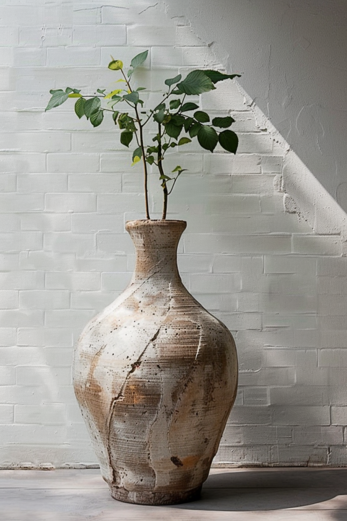 A large ceramic vase with a young plant inside, set against a white brick wall with sunlight casting a diagonal shadow.