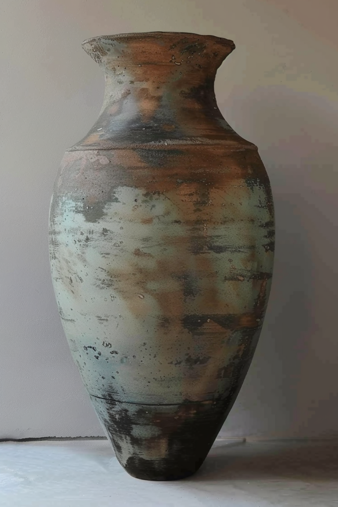 An antique-looking vase with a weathered finish and variegated brown and turquoise patterns, displayed against a neutral background.