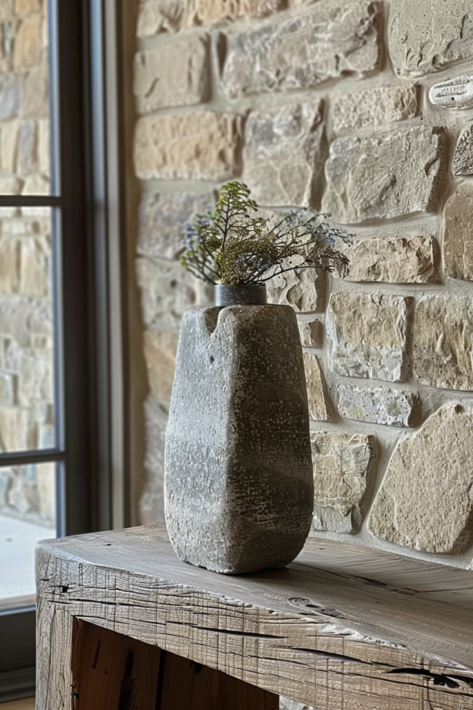 A textured stone vase with delicate greenery atop a rustic wooden table, against a limestone brick wall near a window.