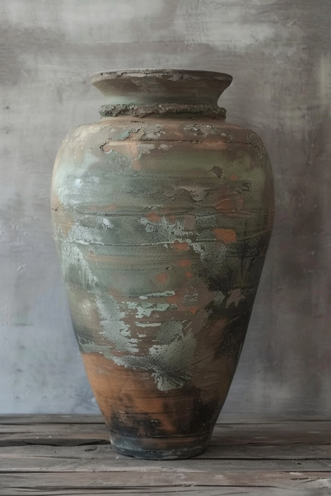 A rustic, weathered ceramic vase with mottled green and brown tones on a textured wooden surface against a blurred background.