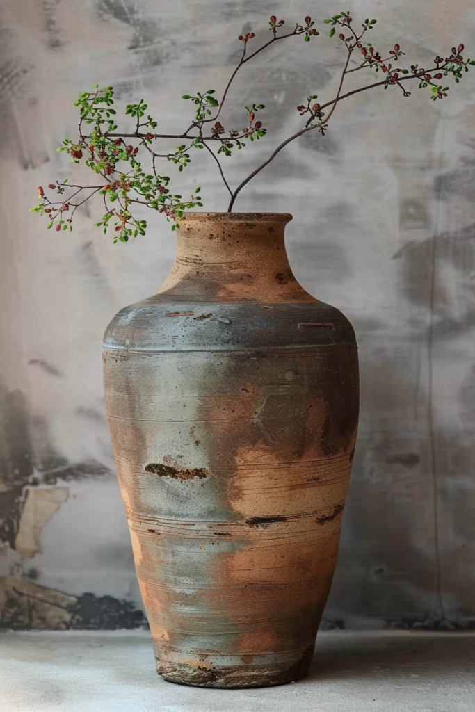 ALT: Large rustic ceramic vase with a branch of small red berries and green leaves against a textured grey backdrop.