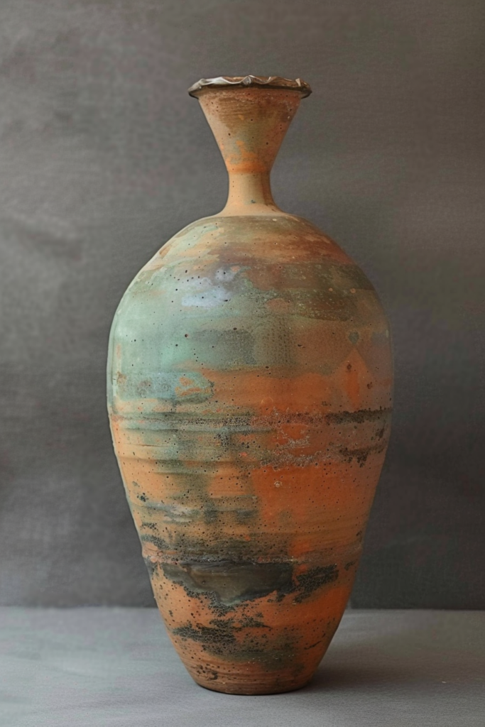 An elegant ceramic vase with a smooth gradient from orange to green against a neutral background.