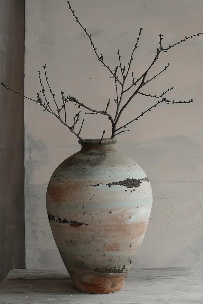 A rustic ceramic vase with horizontal stripes holding a sparse arrangement of budding branches, set against a neutral backdrop.