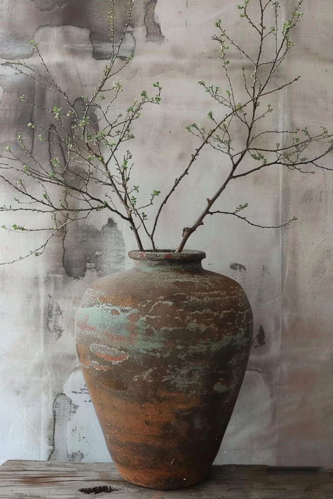 Rustic brown vase with patina and budding branches against a washed-out gray background.