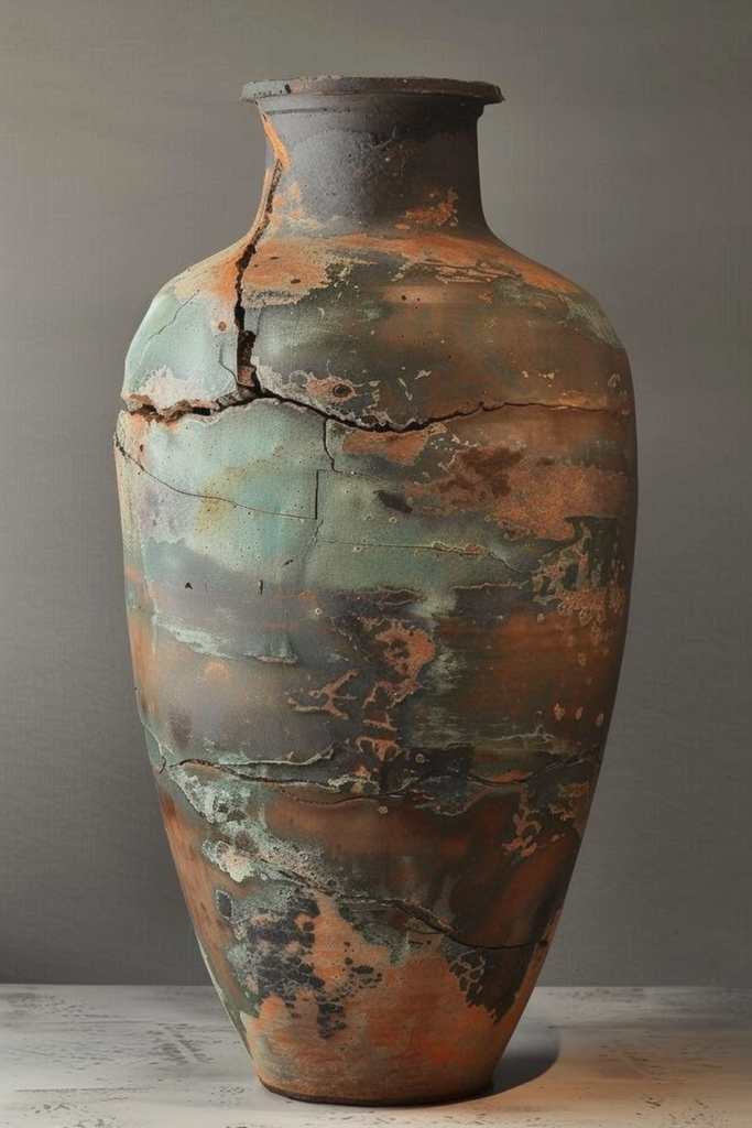 ALT: An aged ceramic vase with a patinated surface showing various shades of green and orange, displaying a network of cracks and weathering.