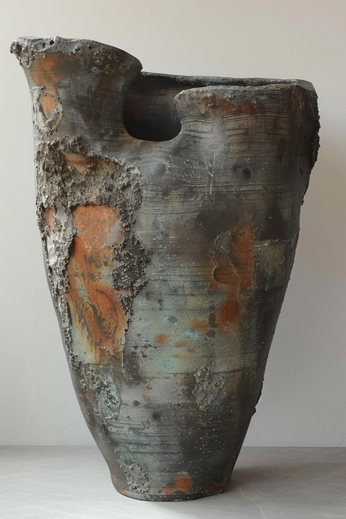 An aged ceramic vase with a textured surface and noticeable damage, sitting on a white surface against a neutral background.