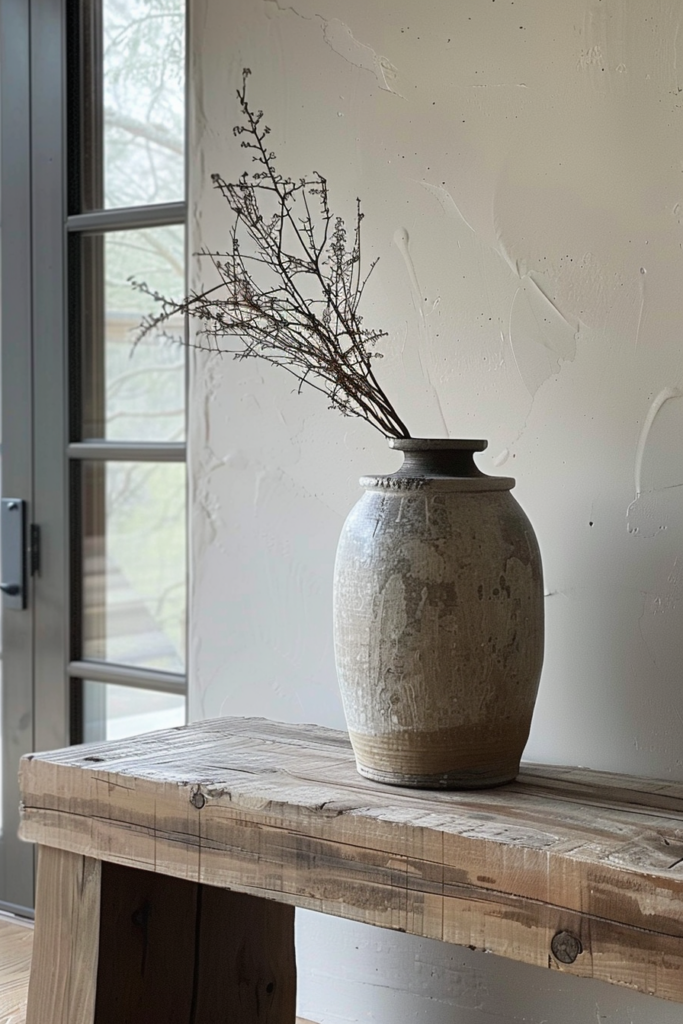 A rustic ceramic vase with dried branches on a wooden table against a textured white wall, near a window.