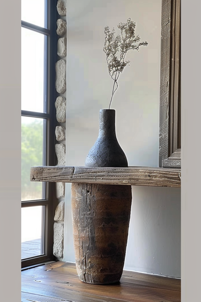 Rustic pottery vase on a wooden bench with a dried plant, against a backdrop of a window and stone wall.