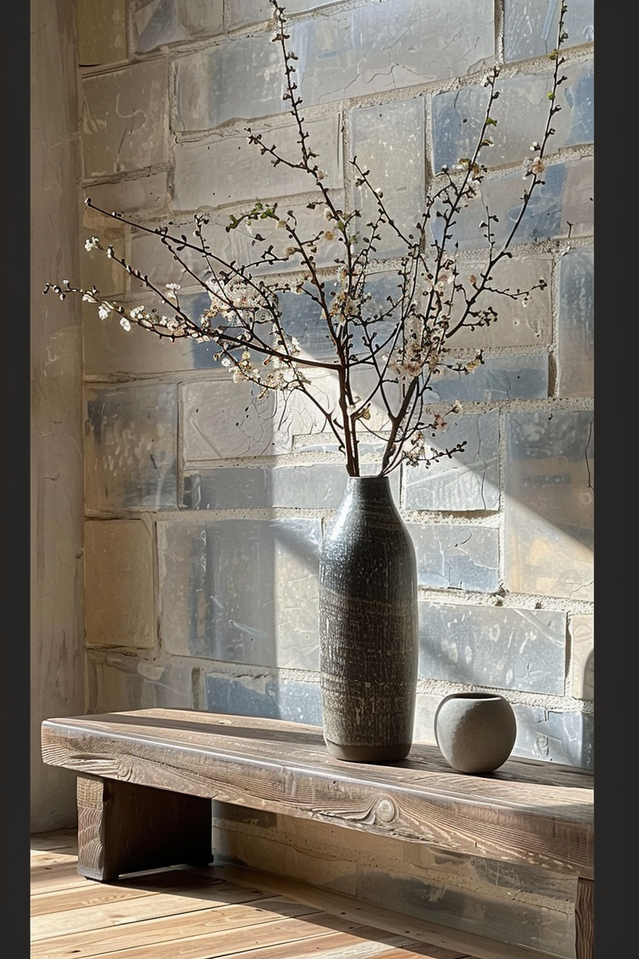 ALT: A textured vase with sprouting branches on a wooden bench by a window, with sunlight casting a warm glow on the scene.