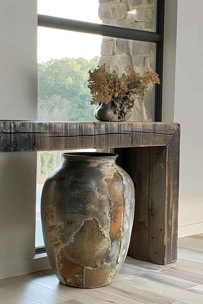 ALT: A large, weathered vase beside a wooden console table with dried flowers atop, near a window with a view of trees.