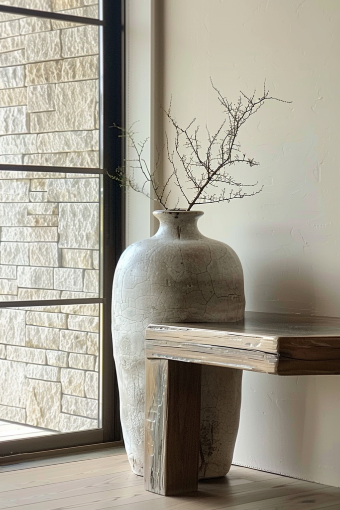 A large, crackle-glazed vase with bare branches beside a wooden bench against a wall with a textured window.